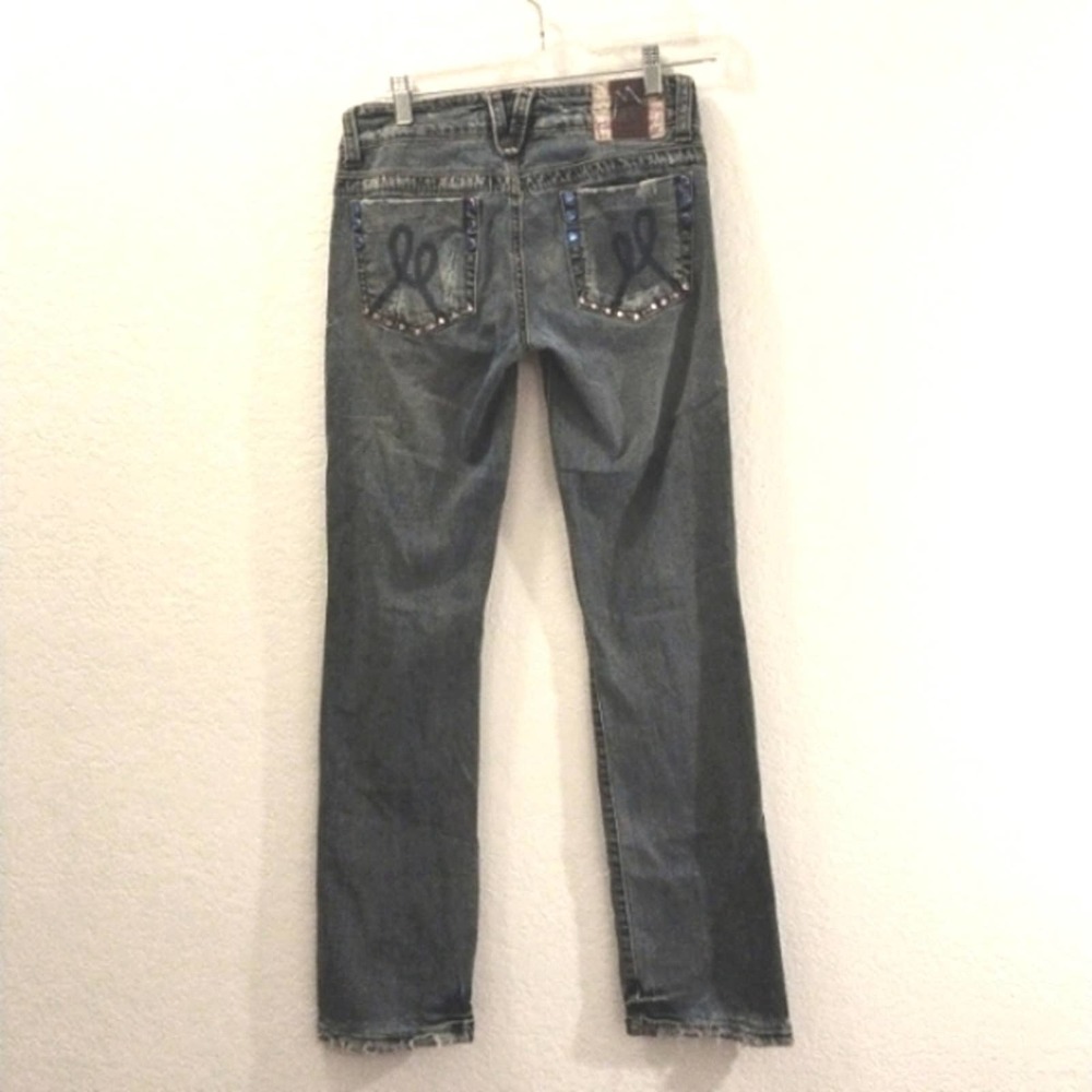 Y2K Marlow Original Blue Jeans Sz 26‎ 3 Embellished Fancy Distress Straight Leg